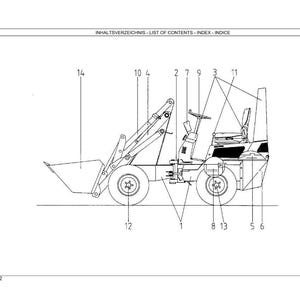 May include: Line drawing of a small front-end loader with a bucket, wheels, and a cab. The image includes labels and the text "INHALTSVERZEICHNIS - LIST OF CONTENTS - INDEX - INDICE" at the top. The number "14" is next to the bucket.
