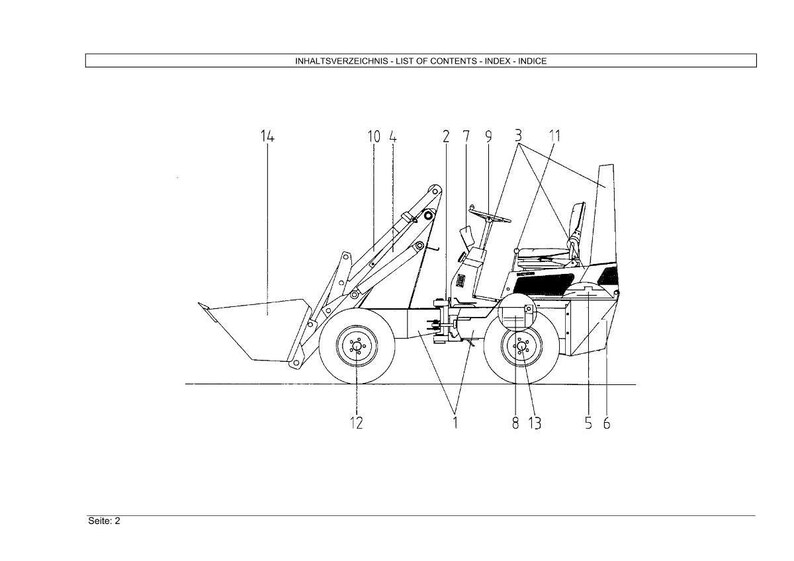 May include: Line drawing of a small front-end loader with a bucket, wheels, and a cab. The image includes labels and the text "INHALTSVERZEICHNIS - LIST OF CONTENTS - INDEX - INDICE" at the top. The number "14" is next to the bucket.