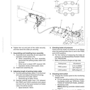 K&ouml;nnte beinhalten: Diagramm zur Einstellung des Feststellbremshebels, einschlie&szlig;lich Hebelbaugruppe, Kabelanschl&uuml;ssen und Bremsventil. Anweisungen zur Montage, Kabell&auml;ngeneinstellung und &Ouml;ldruckpr&uuml;fung. Ma&szlig;e in mm und Druck in MPa.