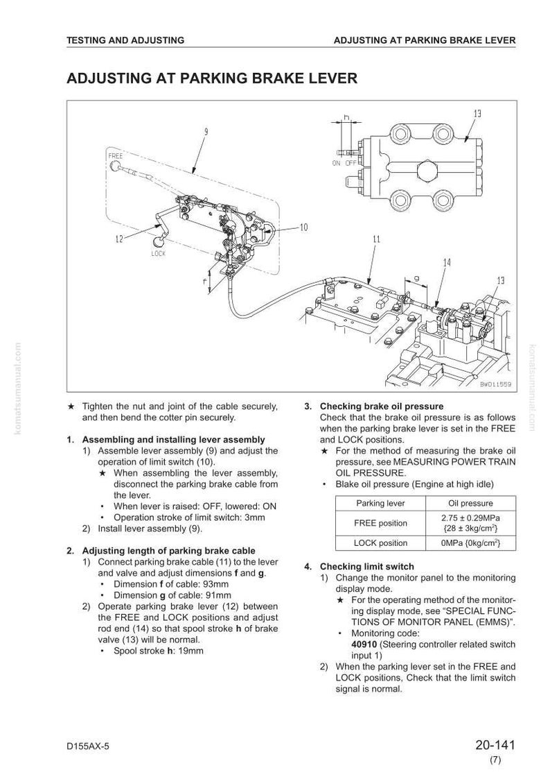 K&ouml;nnte beinhalten: Diagramm zur Einstellung des Feststellbremshebels, einschlie&szlig;lich Hebelbaugruppe, Kabelanschl&uuml;ssen und Bremsventil. Anweisungen zur Montage, Kabell&auml;ngeneinstellung und &Ouml;ldruckpr&uuml;fung. Ma&szlig;e in mm und Druck in MPa.