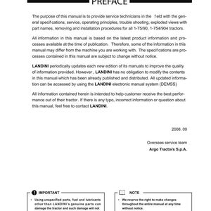 May include: A white manual page with the title "PREFACE" at the top. The text provides information for service technicians, including specifications, operating principles, and procedures for tractors. Includes a warning about using non-genuine parts.