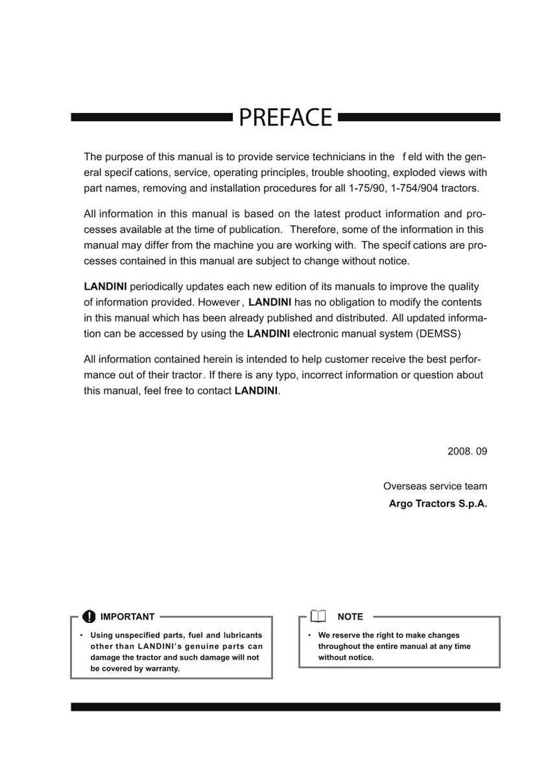 May include: A white manual page with the title "PREFACE" at the top. The text provides information for service technicians, including specifications, operating principles, and procedures for tractors. Includes a warning about using non-genuine parts.