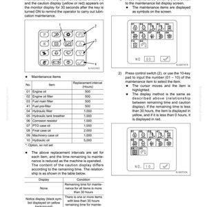 May include: A technical manual page with diagrams and a table detailing maintenance items for a machine. The page includes instructions, symbols, and replacement intervals in hours for various components.