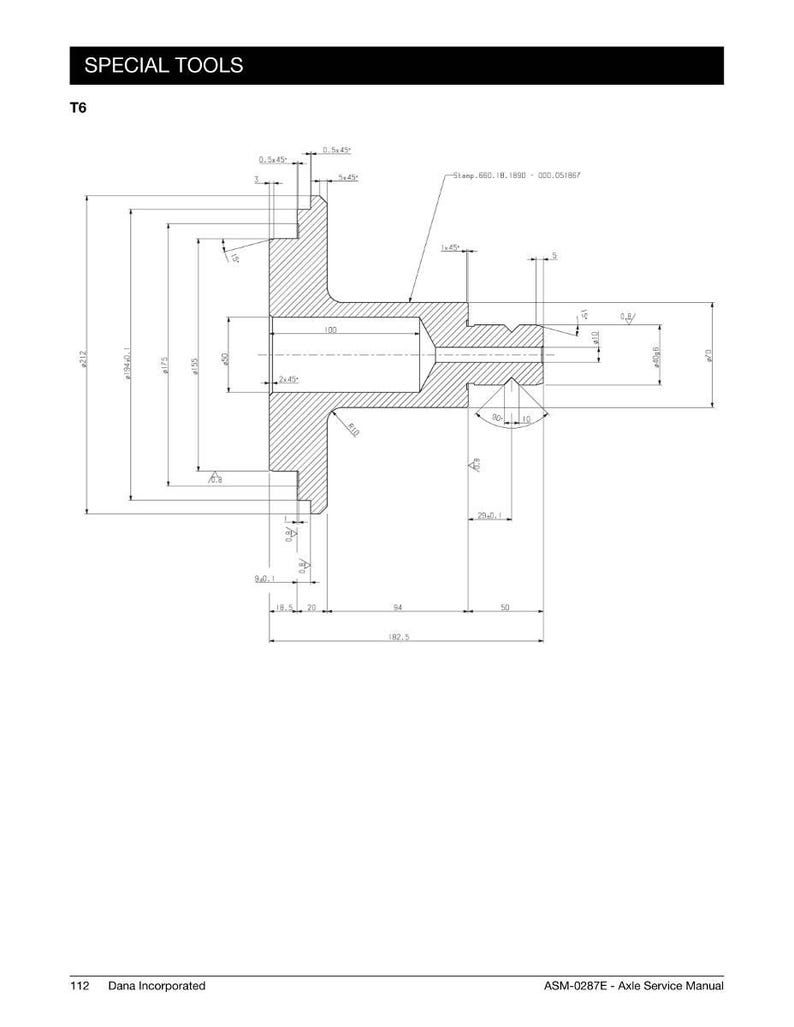 May include: Technical drawing of a special tool, labeled T6, with detailed dimensions in inches and angles. The drawing includes the text "SPECIAL TOOLS" at the top and "ASM-0287E - Axle Service Manual" at the bottom. The tool's measurements are provided.