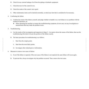 May include: A white document with the title "TROUBLESHOOTING" and a list of steps. The document includes instructions on checking oil levels, control levers, and troubleshooting procedures. The document also includes the text "POINTS TO REMEMBER WHEN TROUBLESHOOTING".