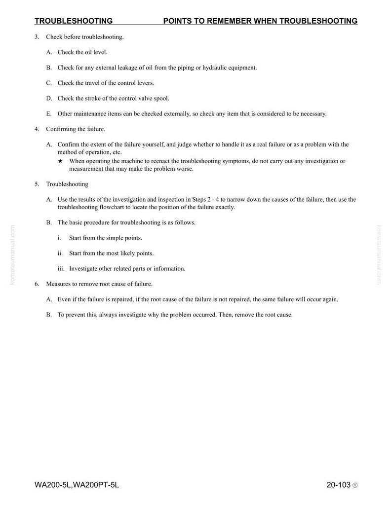 May include: A white document with the title "TROUBLESHOOTING" and a list of steps. The document includes instructions on checking oil levels, control levers, and troubleshooting procedures. The document also includes the text "POINTS TO REMEMBER WHEN TROUBLESHOOTING".