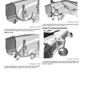 Puede incluir: Diagrama del montaje de la plataforma de corte con las etiquetas A y B, y el texto "Assembly". Las instrucciones incluyen apretar pernos y contratuercas. La imagen muestra diferentes configuraciones de plataformas de corte.
