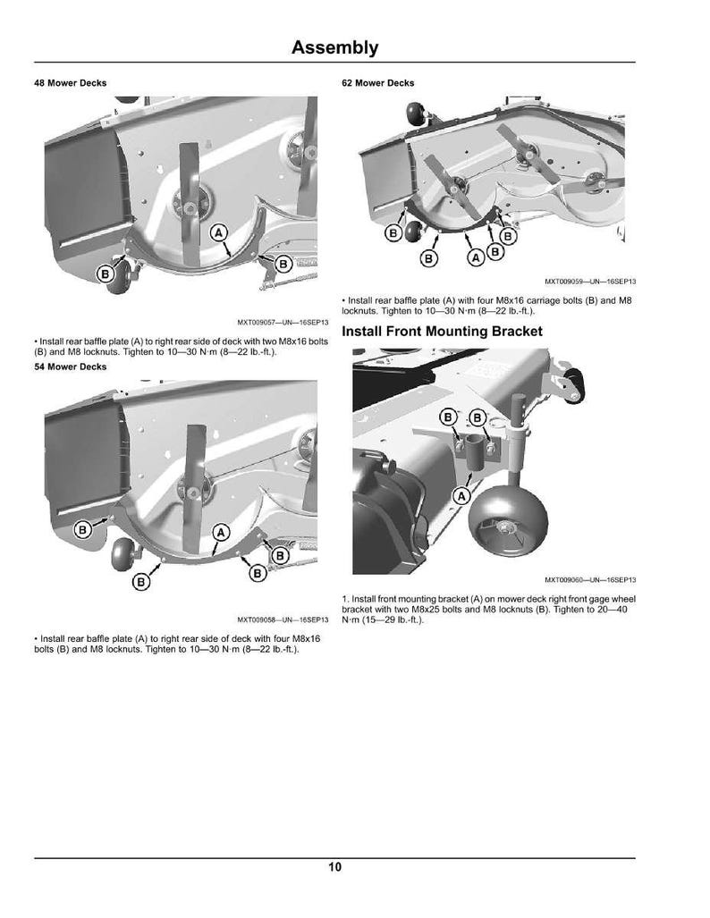 Puede incluir: Diagrama del montaje de la plataforma de corte con las etiquetas A y B, y el texto "Assembly". Las instrucciones incluyen apretar pernos y contratuercas. La imagen muestra diferentes configuraciones de plataformas de corte.