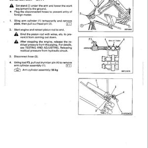 Puede incluir: Diagrama de extracci&oacute;n del conjunto del cilindro del brazo, con ilustraciones e instrucciones. Incluye pasos para desconectar mangueras y quitar pasadores. El conjunto del cilindro del brazo pesa 55 kg.