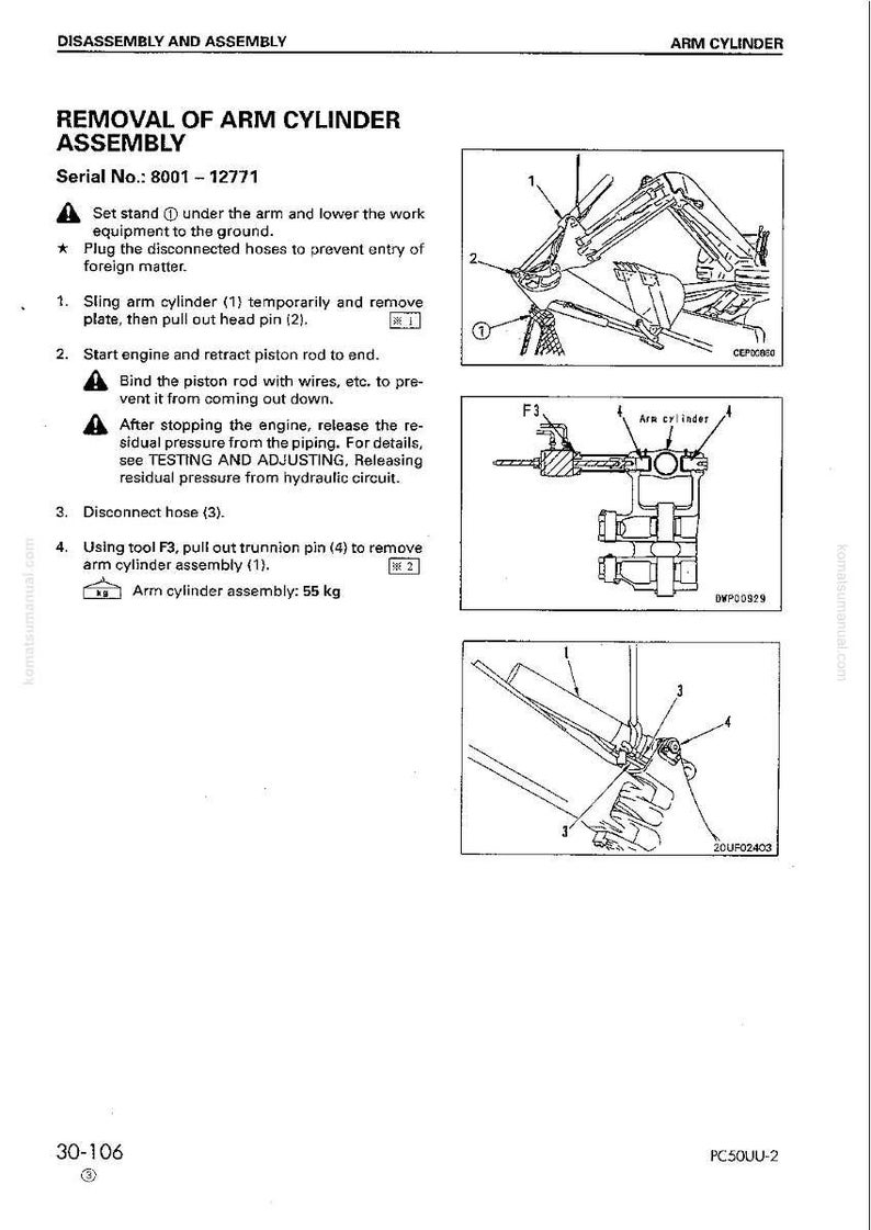 Puede incluir: Diagrama de extracci&oacute;n del conjunto del cilindro del brazo, con ilustraciones e instrucciones. Incluye pasos para desconectar mangueras y quitar pasadores. El conjunto del cilindro del brazo pesa 55 kg.