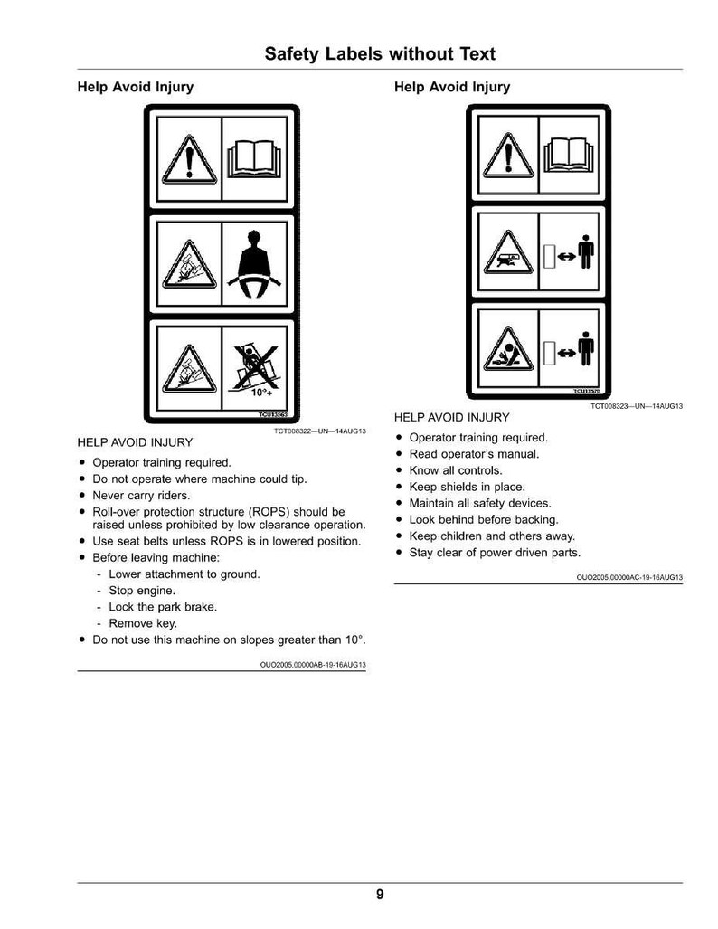 May include: Two sets of safety labels with black and white pictograms. The labels include warnings about operator training, reading manuals, and avoiding injury. The text "Help Avoid Injury" is at the top of each set of labels.