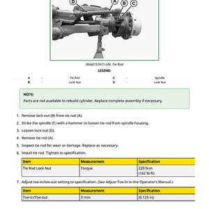 May include: Diagram illustrating the process to remove, inspect, and install a steering cylinder. Includes a diagram of the tie rod assembly with labeled parts and a table with torque specifications of 220 N&middot;m (162 lb-ft) and toe-in/toe-out of 3 mm (0.125 in).