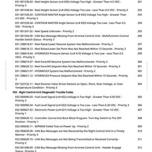 May include: A page from a manual with a list of diagnostic trouble codes and sensor readings. The text includes codes related to fuel level, voltage, and CAN bus messages, with associated priority levels.