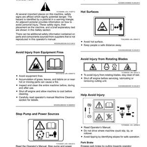 Puede incluir: P&aacute;gina de un manual con etiquetas de seguridad e instrucciones. Las etiquetas utilizan s&iacute;mbolos de advertencia y diagramas para ilustrar peligros potenciales como superficies calientes y cuchillas giratorias. El manual proporciona orientaci&oacute;n sobre c&oacute;mo evitar lesiones.