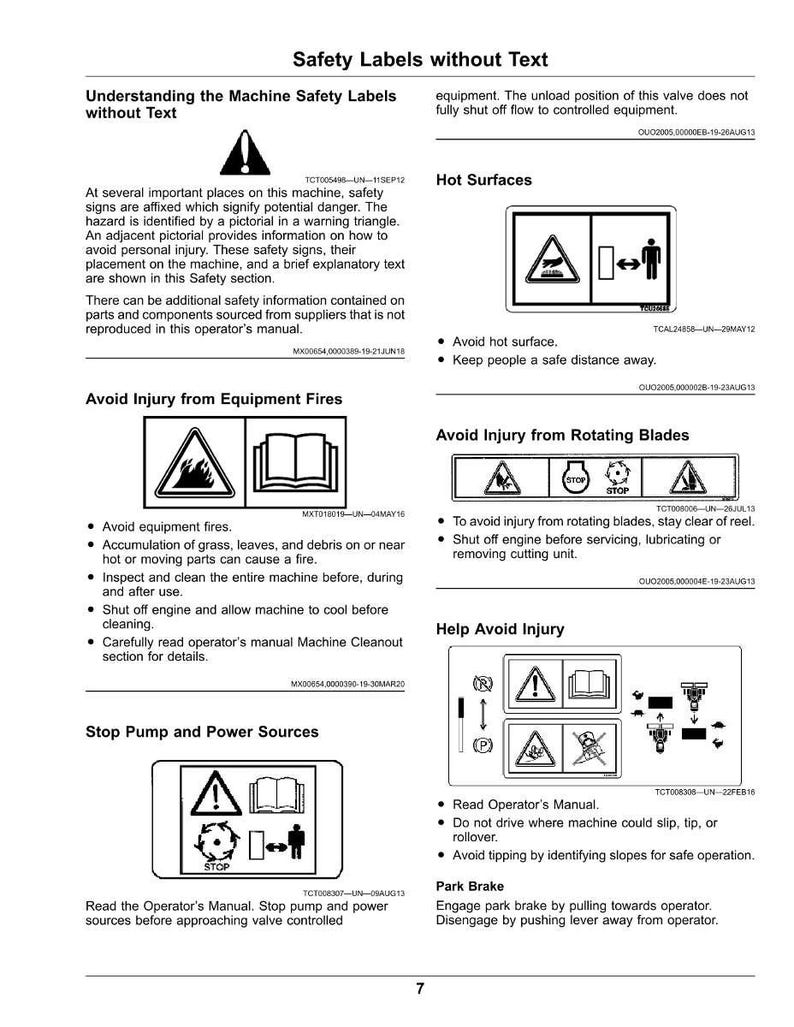 Puede incluir: P&aacute;gina de un manual con etiquetas de seguridad e instrucciones. Las etiquetas utilizan s&iacute;mbolos de advertencia y diagramas para ilustrar peligros potenciales como superficies calientes y cuchillas giratorias. El manual proporciona orientaci&oacute;n sobre c&oacute;mo evitar lesiones.