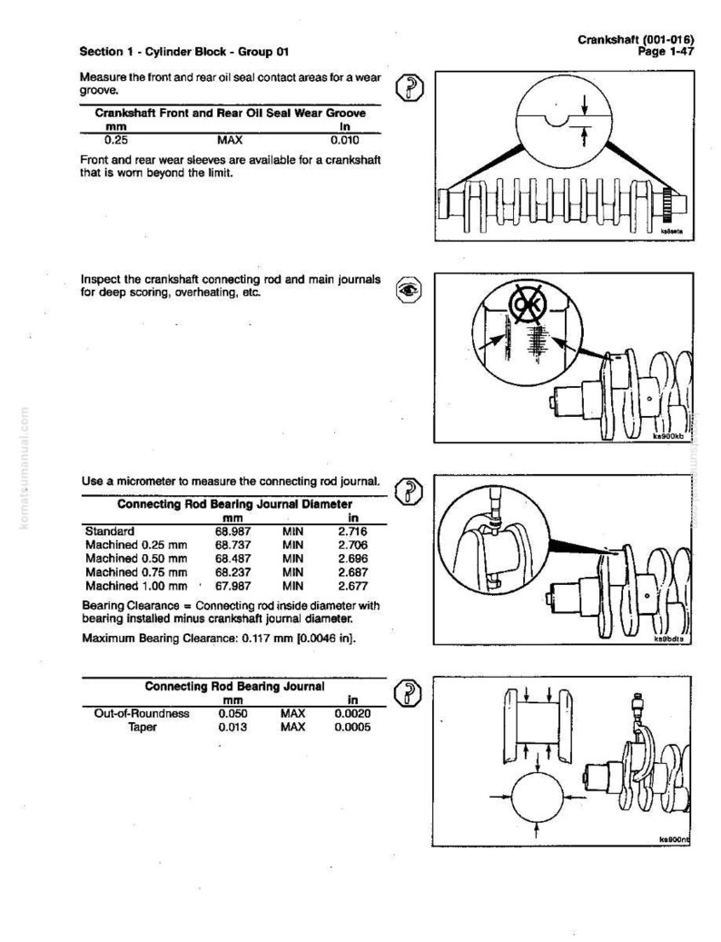 Pode incluir: Diagrama t&eacute;cnico de um manual detalhando as medi&ccedil;&otilde;es da cambota. Inclui especifica&ccedil;&otilde;es para ranhuras de desgaste, di&acirc;metros dos munh&otilde;es da biela e excentricidade, com medi&ccedil;&otilde;es em mm e polegadas.