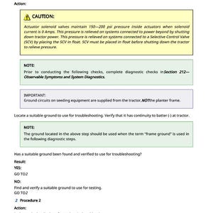Puede incluir: Una gu&iacute;a de diagn&oacute;stico para sistemas el&eacute;ctricos de fuerza descendente hidr&aacute;ulica. El documento incluye precauciones de seguridad, notas y pasos para la soluci&oacute;n de problemas. Cubre las electrov&aacute;lvulas del actuador, los circuitos de tierra y el diagn&oacute;stico del sistema. El texto es en negro sobre fondo blanco.