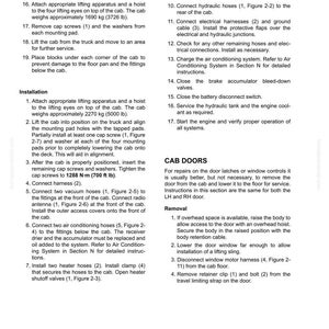 May include: A page from an operator's manual detailing cab removal and installation procedures. Instructions include connecting hoses, harnesses, and electrical components. The cab weighs approximately 3726 lbs (1690 kg) and 5000 lbs (2270 kg).