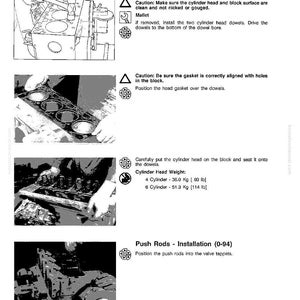 May include: A page from a shop manual detailing cylinder head installation. The manual includes diagrams and instructions for engine disassembly and assembly, with text and illustrations showing the process, including cylinder head weight in pounds.