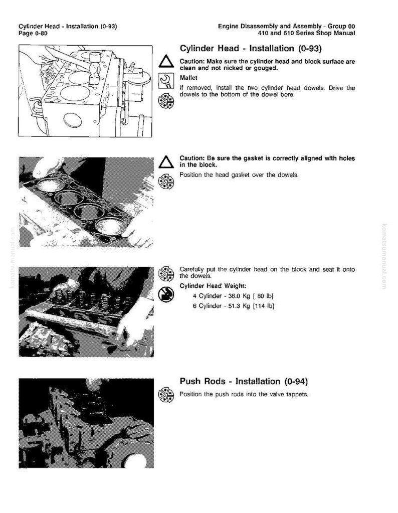 May include: A page from a shop manual detailing cylinder head installation. The manual includes diagrams and instructions for engine disassembly and assembly, with text and illustrations showing the process, including cylinder head weight in pounds.