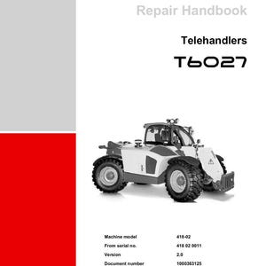 May include: A repair handbook for Weidemann Telehandlers T6027. The cover features a white and gray telehandler vehicle. The Weidemann logo is at the top, with the text "Repair Handbook" and "Telehandlers" below it. The model number is T6027.