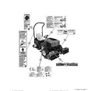 May include: Diagram of a riding lawn mower with safety labels. The labels include warnings and cautions in English and Spanish, with text such as "To avoid injury, always wear seat belt." The mower is black and gray.