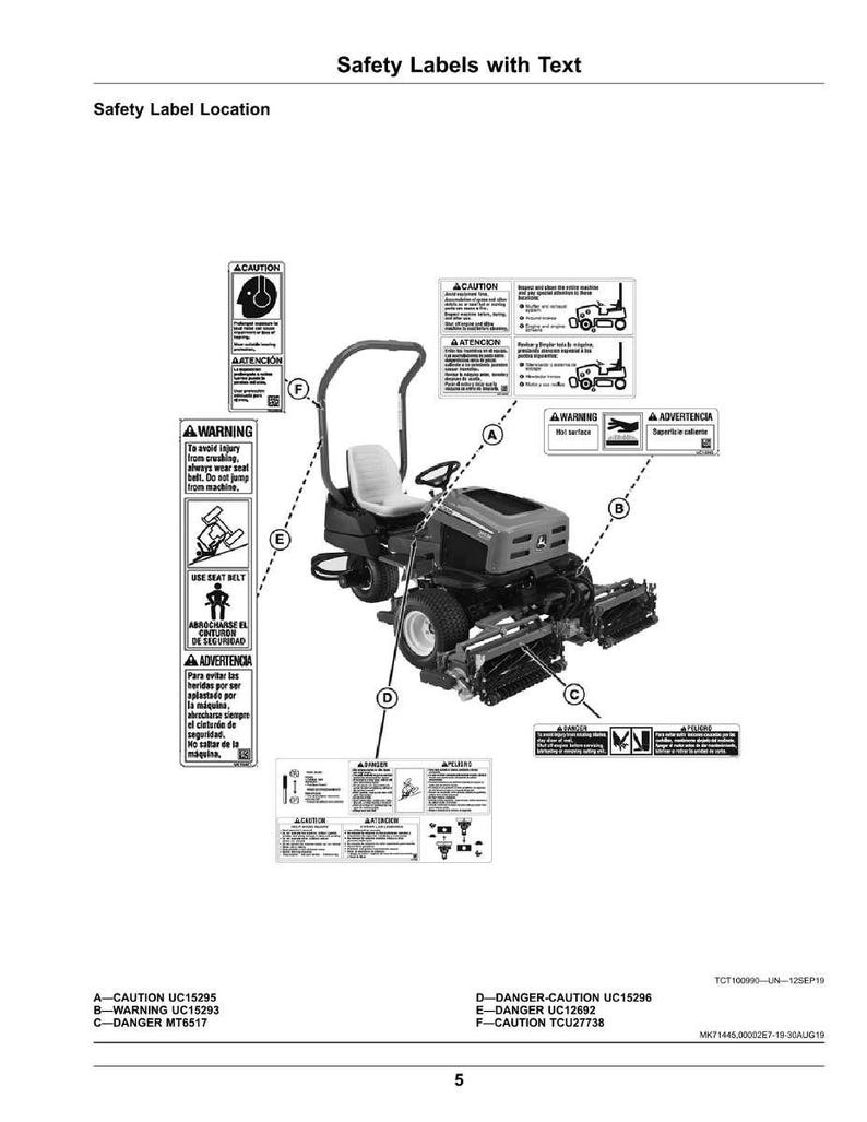 May include: Diagram of a riding lawn mower with safety labels. The labels include warnings and cautions in English and Spanish, with text such as "To avoid injury, always wear seat belt." The mower is black and gray.