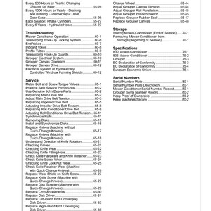 May include: A detailed table of contents from a manual, listing maintenance and troubleshooting procedures for a mower-conditioner. The document includes sections on service, storage, and specifications, with page numbers for easy reference.