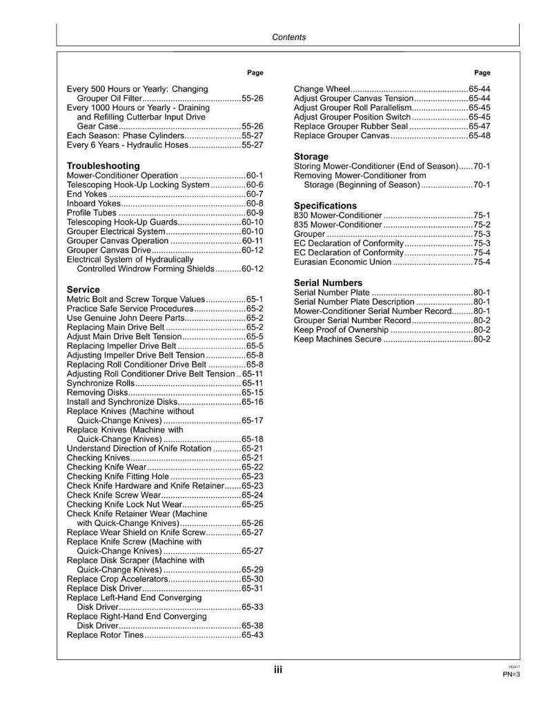 May include: A detailed table of contents from a manual, listing maintenance and troubleshooting procedures for a mower-conditioner. The document includes sections on service, storage, and specifications, with page numbers for easy reference.