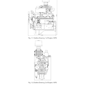 Puede incluir: Dos dibujos en blanco y negro de un motor, etiquetados como motor-WP6. El dibujo superior es una vista lateral, y el dibujo inferior es una vista frontal. El texto en la parte superior dice "Dibujo del contorno del motor-WP6 (solo como referencia)".