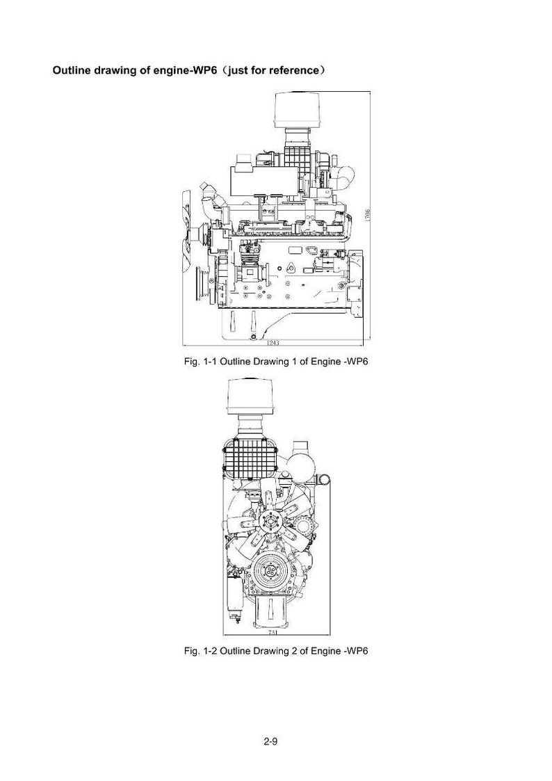Puede incluir: Dos dibujos en blanco y negro de un motor, etiquetados como motor-WP6. El dibujo superior es una vista lateral, y el dibujo inferior es una vista frontal. El texto en la parte superior dice "Dibujo del contorno del motor-WP6 (solo como referencia)".