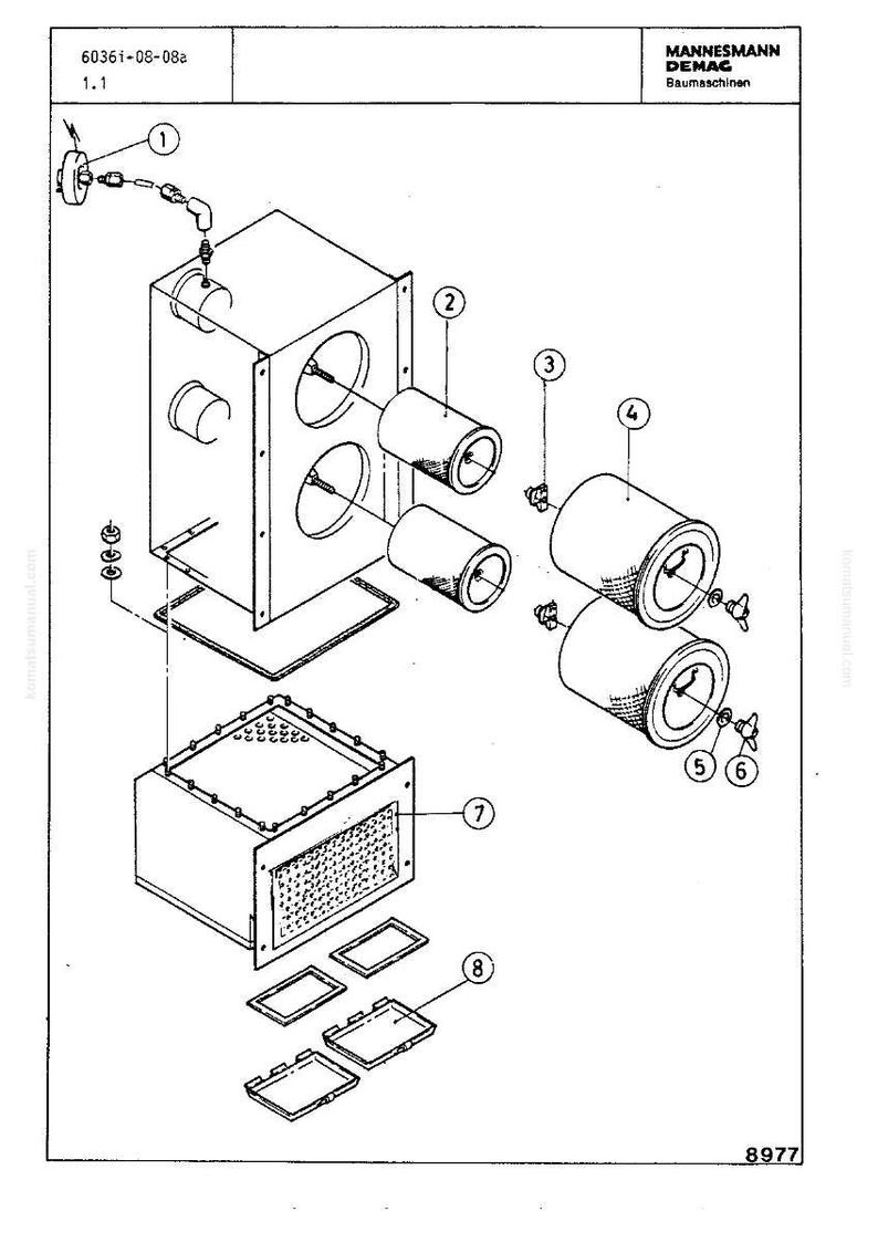 May include: An exploded diagram of a mechanical device, featuring a rectangular housing with cylindrical components, bolts, and a perforated panel. The image includes the text "MANNESMANN DEMAG Baumaschinen" and the number "8977".