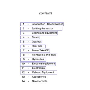 Op de afbeelding: Een witte pagina met de titel "WORKSHOP SERVICE MANUAL" in zwarte tekst. Hieronder een inhoudsopgave met genummerde secties, waaronder "Engine and equipment", "Gearbox" en "Electrical equipment".
