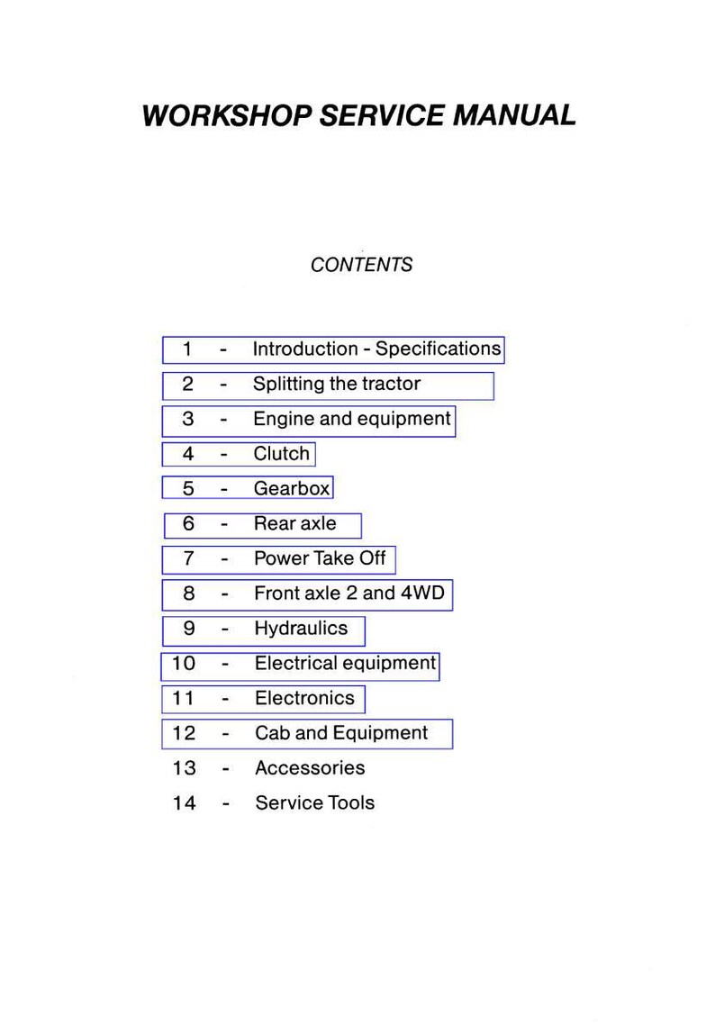 Op de afbeelding: Een witte pagina met de titel "WORKSHOP SERVICE MANUAL" in zwarte tekst. Hieronder een inhoudsopgave met genummerde secties, waaronder "Engine and equipment", "Gearbox" en "Electrical equipment".