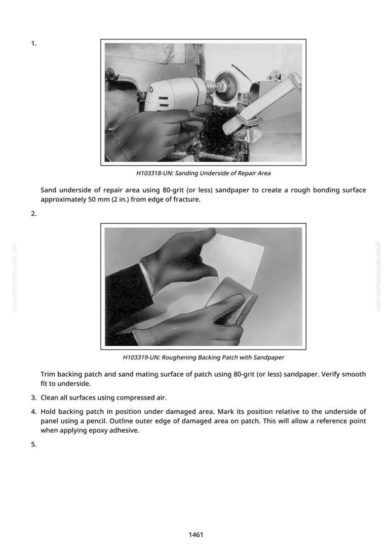 May include: Image shows a repair process. A hand uses a power tool with a sanding attachment. The text "H103318-UN: Sanding Underside of Repair Area" is visible. Another image shows a hand sanding a patch with sandpaper. The text "H103319-UN: Roughening Backing Patch with Sandpaper" is visible.