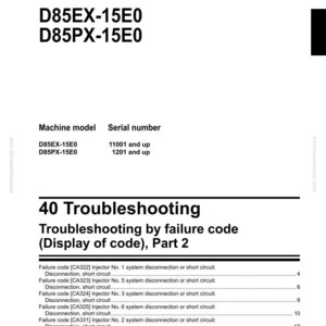 May include: Shop manual for Komatsu Bulldozer models D85EX-15E0 and D85PX-15E0. The manual details troubleshooting by failure code, Part 2, with a list of failure codes and their descriptions.