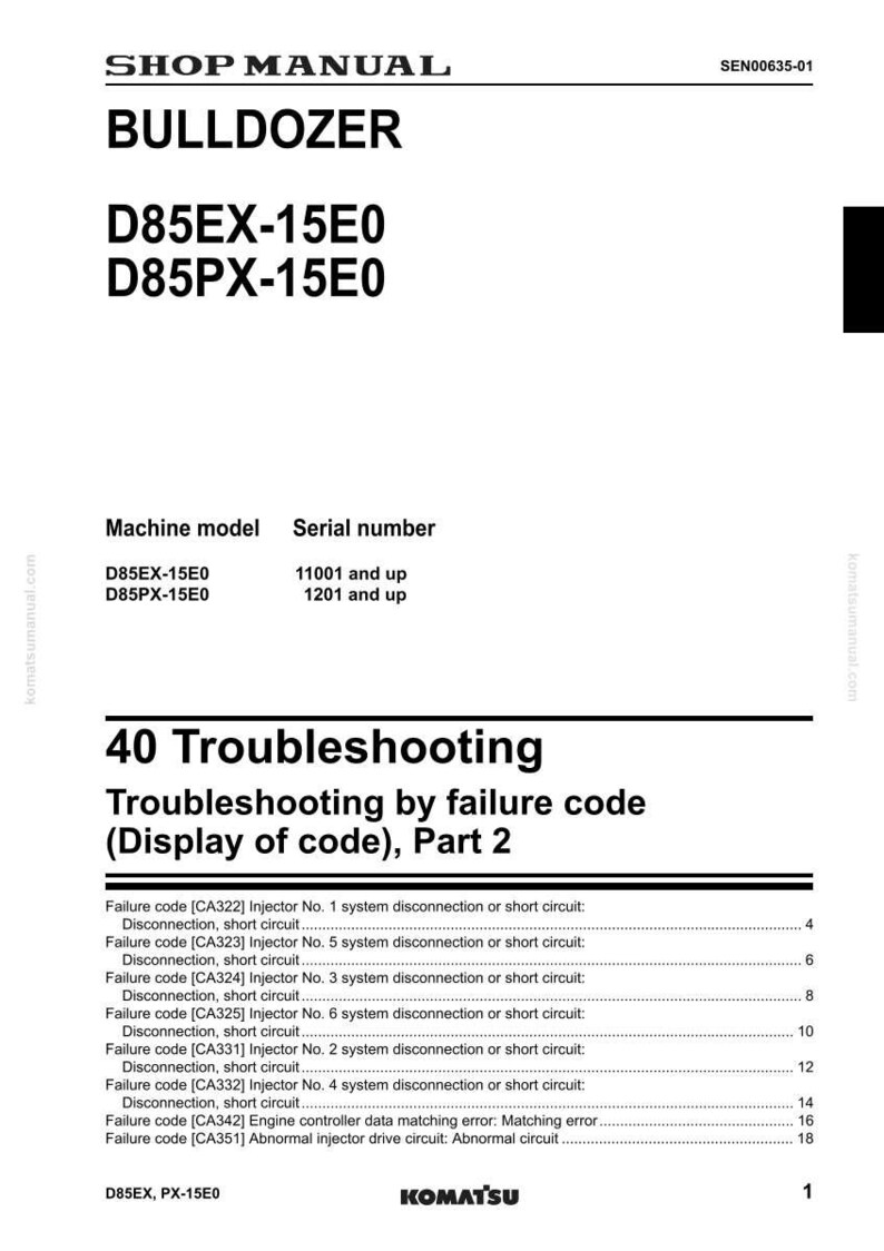 May include: Shop manual for Komatsu Bulldozer models D85EX-15E0 and D85PX-15E0. The manual details troubleshooting by failure code, Part 2, with a list of failure codes and their descriptions.