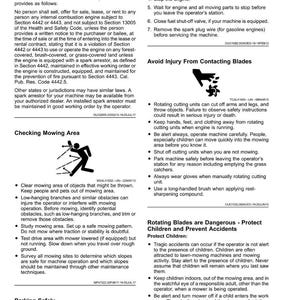 May include: A safety manual page with text about spark arrestors, mowing area safety, and parking safely. It includes warnings about avoiding injury from contacting blades and protecting children from lawnmower hazards. The page is white with black text.