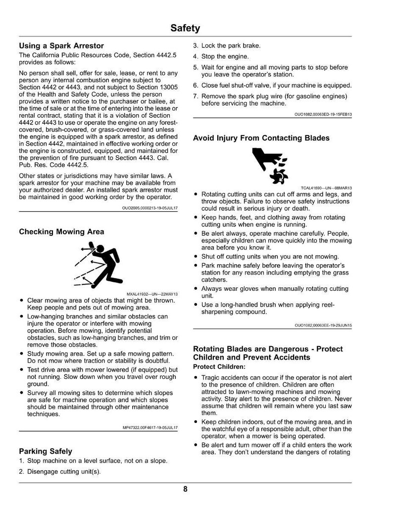 May include: A safety manual page with text about spark arrestors, mowing area safety, and parking safely. It includes warnings about avoiding injury from contacting blades and protecting children from lawnmower hazards. The page is white with black text.