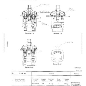 May include: Technical diagram with cross-sectional views of mechanical components, labeled with sections A-A, B-B, C-C, and D-D. Includes a table detailing check items, criteria, and remedies. Text includes "PC60-6 Serial No.: 34101 and up".
