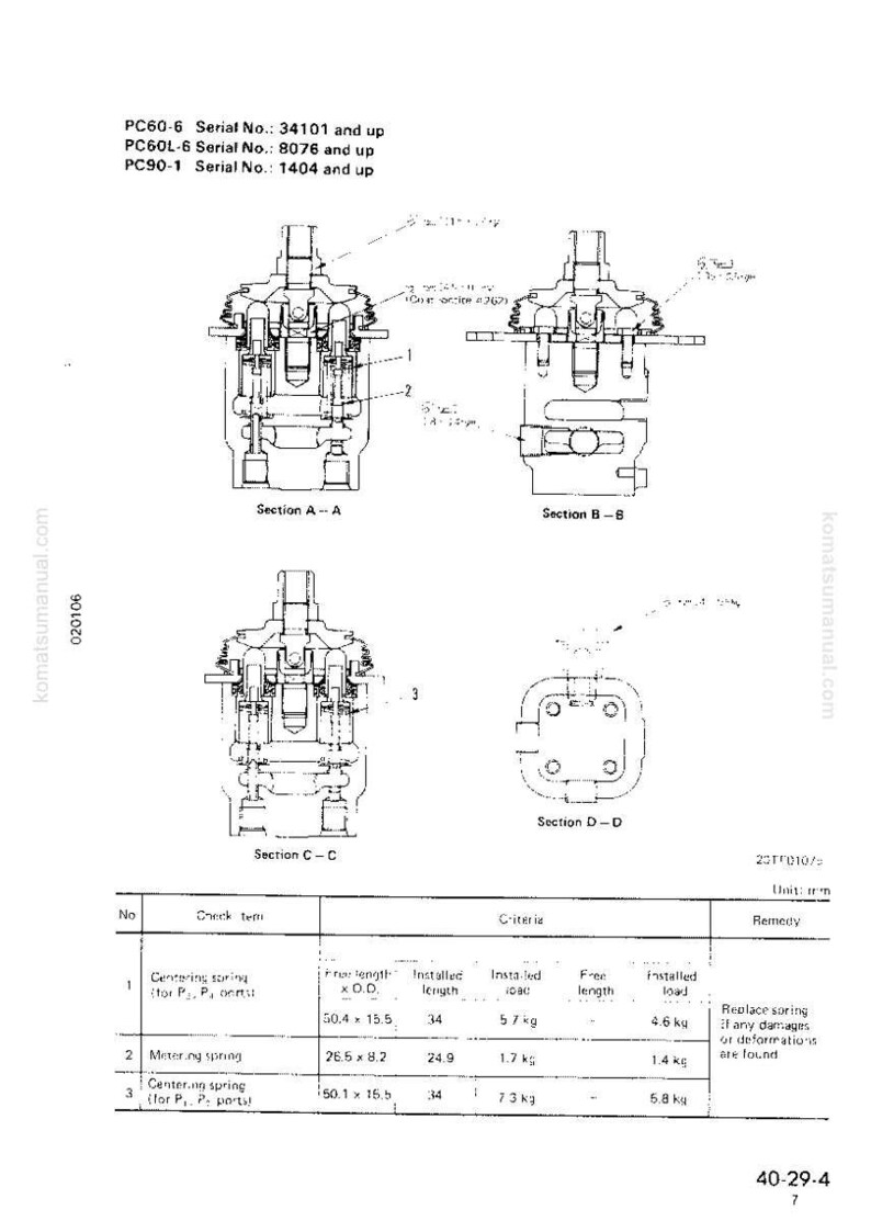 May include: Technical diagram with cross-sectional views of mechanical components, labeled with sections A-A, B-B, C-C, and D-D. Includes a table detailing check items, criteria, and remedies. Text includes "PC60-6 Serial No.: 34101 and up".