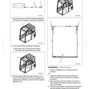 May include: Diagram illustrating the disassembly and assembly of a cab. The image features several diagrams with labels and instructions for removing and installing the front window assembly. Includes part numbers and installation steps.
