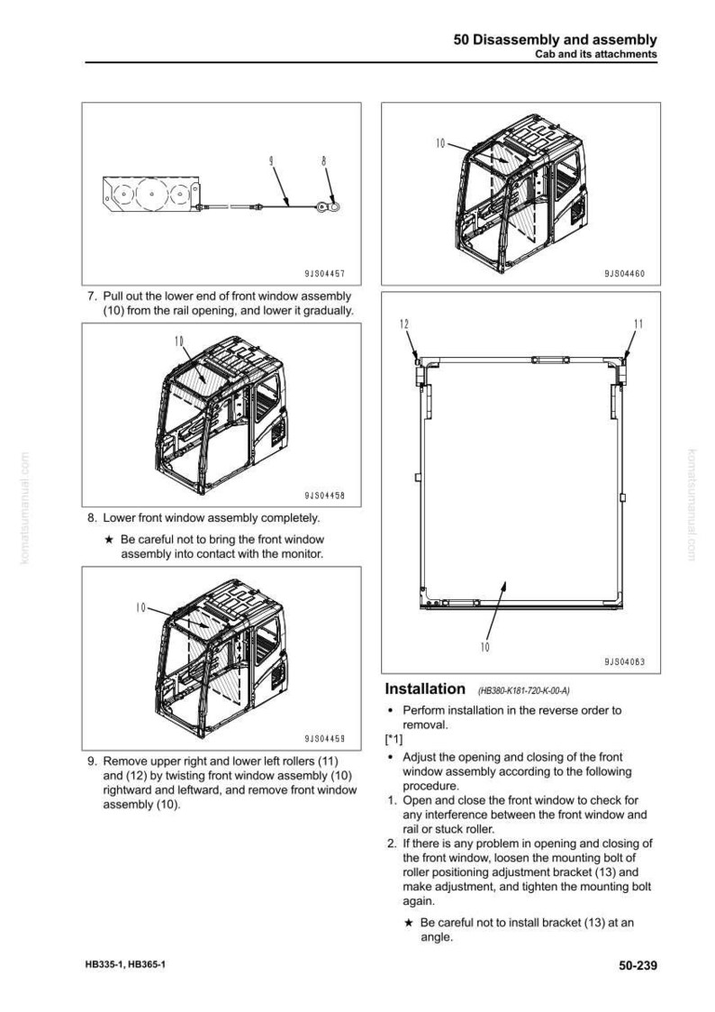 May include: Diagram illustrating the disassembly and assembly of a cab. The image features several diagrams with labels and instructions for removing and installing the front window assembly. Includes part numbers and installation steps.