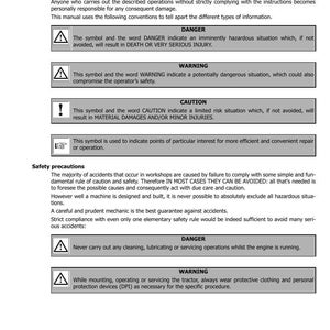 Op de afbeelding: Pagina uit een handleiding met veiligheidsinstructies. Bevat symbolen voor gevaar, waarschuwing en voorzichtigheid, samen met uitleg. Tekst adviseert over veilige bedienings- en onderhoudsprocedures, met nadruk op het volgen van richtlijnen.