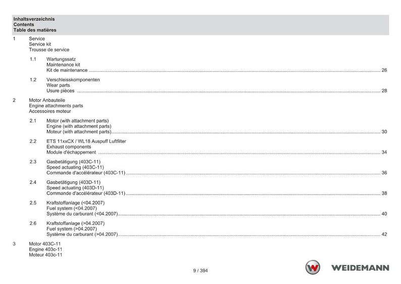 May include: A white document with a table of contents in German, English, and French. The document lists service, engine components, and fuel system parts. The Weidemann logo is in the bottom right corner.