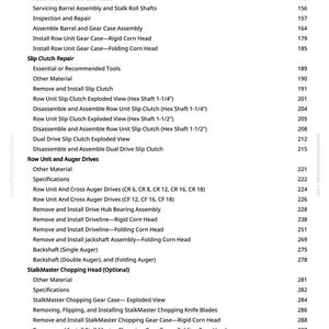 May include: A detailed page from a manual, featuring a table of contents with various repair and assembly procedures for agricultural machinery. The text is in black font on a white background.