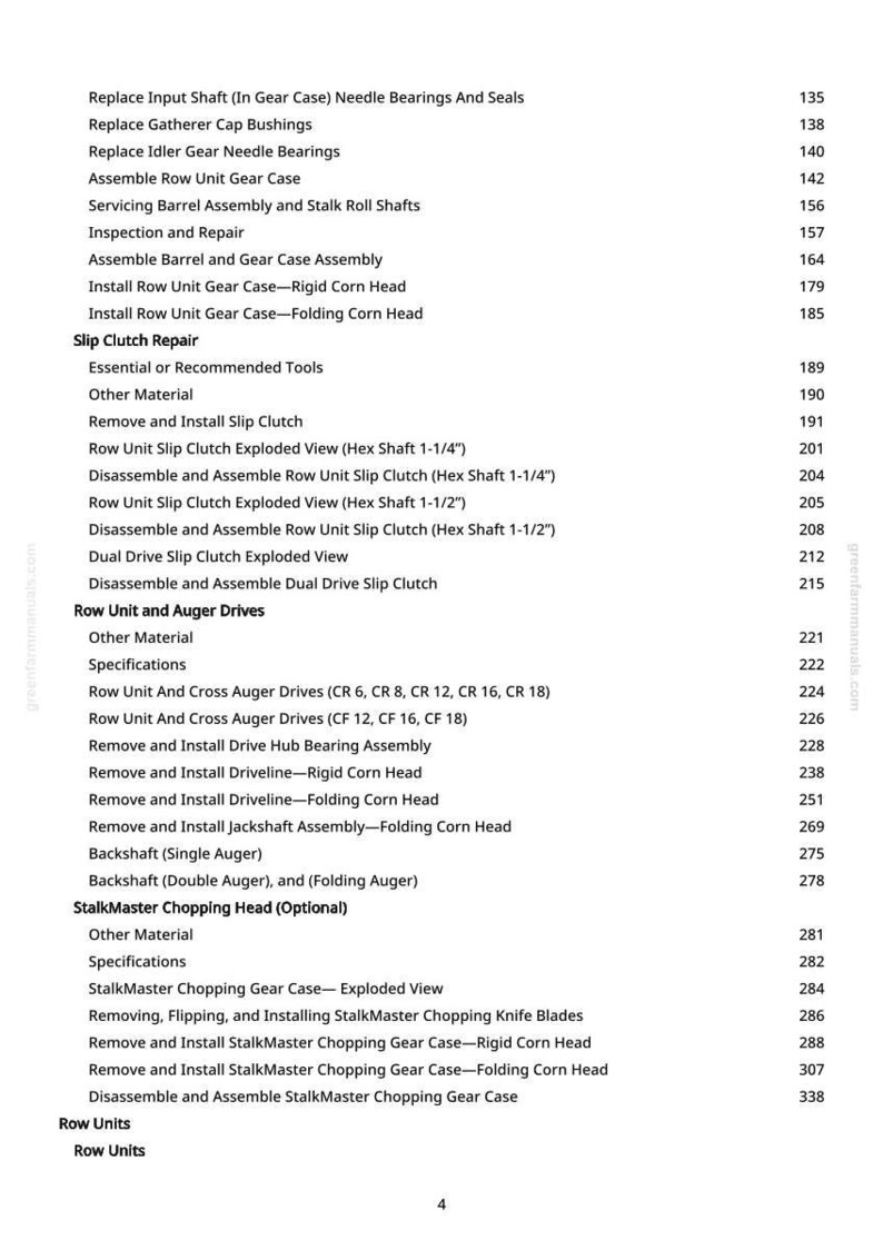 May include: A detailed page from a manual, featuring a table of contents with various repair and assembly procedures for agricultural machinery. The text is in black font on a white background.