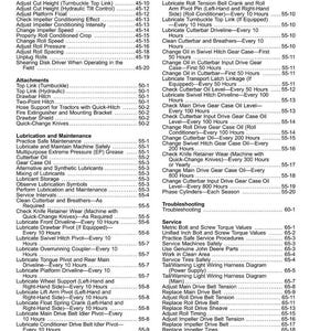 May include: A detailed table of contents from a manual, listing maintenance and service procedures for agricultural machinery. The pages are filled with text, including topics like lubrication, adjustments, and troubleshooting.