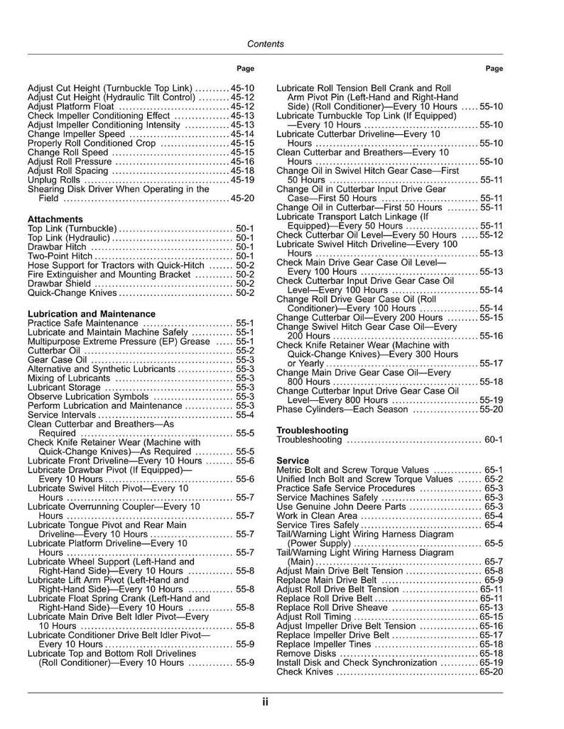May include: A detailed table of contents from a manual, listing maintenance and service procedures for agricultural machinery. The pages are filled with text, including topics like lubrication, adjustments, and troubleshooting.