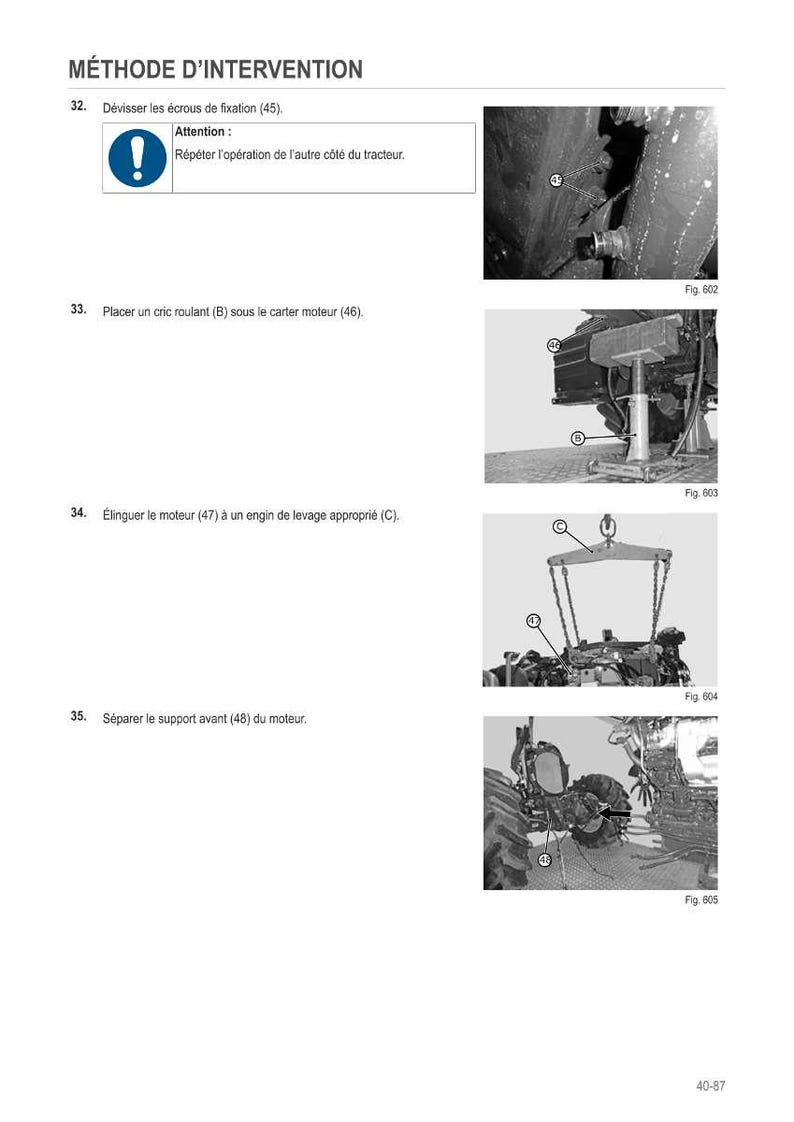 May include: A manual page with instructions for engine maintenance. The title is "METHODE D'INTERVENTION". The page includes diagrams and numbered steps for tasks such as removing bolts, using a jack, and lifting the engine. The images are in black and white.